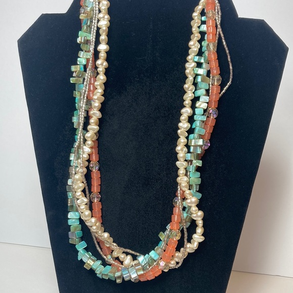 Multi Strand Blue Green Chunk Peach Imitation Pearl Necklace 23" - Picture 1 of 16